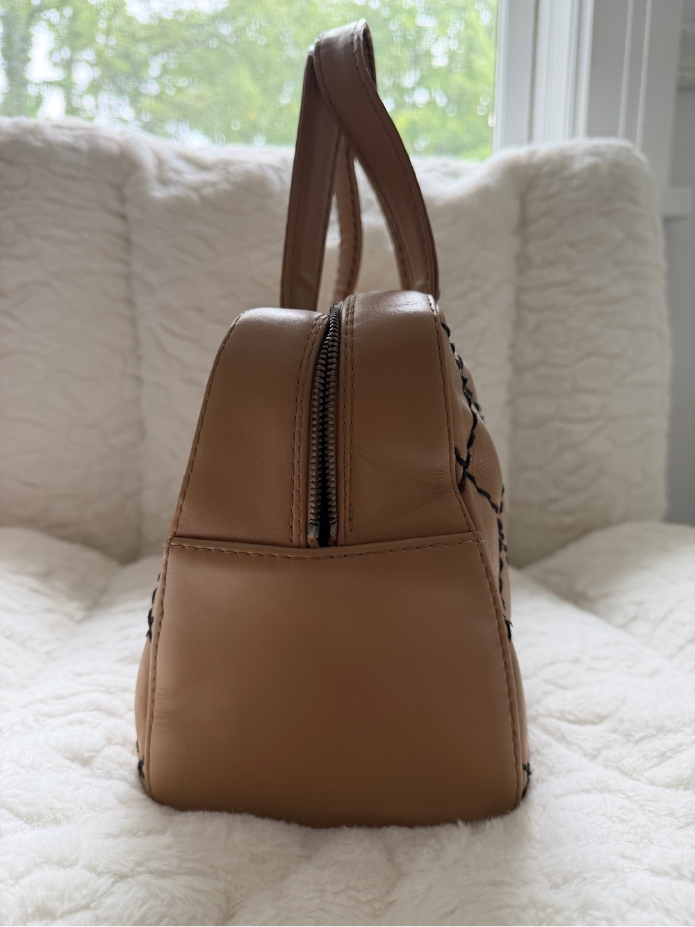 Vintage CHANEL Surpique Tan Wild Stitch Quilted Calfskin Bowler Bag from Paris - Picture 2 of 12